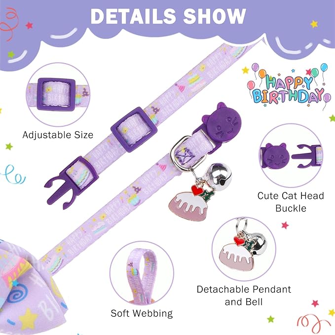 SCENEREAL Cat Bandana Collar for Birthday - 2 Pack Breakaway Kitten Collars with Bell Bowtie, Accessories for Pet, Adjustable Cute Cat Collars for Cats and Small Dogs Boys Girls, Purple