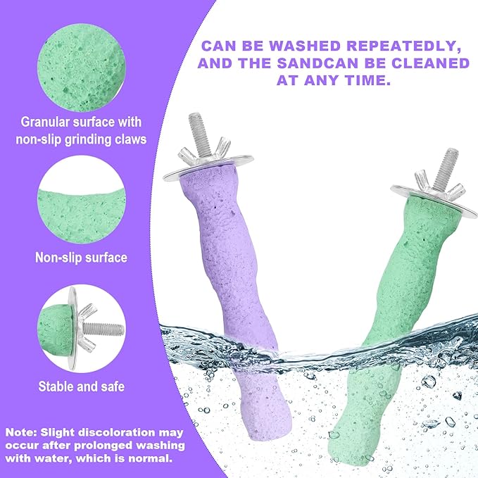 2pcs Bird Beak Grinding Stone, Resin Anti-Slip Beak Grinder Stone Bird Nail Trimming Claw Trimmer Perches Parrot Cage Stand Toys for Budgie Cockatiel Conure Parakeet Cage Accessories (Green, Purple)