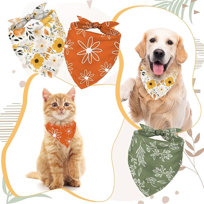 Whaline 4Pcs Boho Pet Bandanas Spring Daisy Dog Scarf Washable Adjustable Triangle Dog Bibs Puppy Neckerchief for Cat Pet Birthday Costume Accessories
