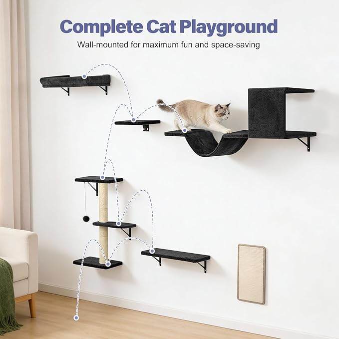 Cat Wall Shelves, Stable & Safe 6 in 1 Cat Furniture Set Black, for Cats to Climb, Hide, Lounge, and Scratch