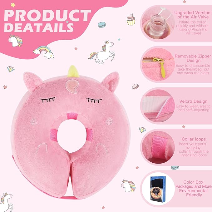 IEUUMLER Inflatable Recovery Dog Collar, Protective Donut Cone, Adjustable Soft Collar for Dog and Cat After Surgery Prevent from Biting & Scratching EU002 - Unicorn M