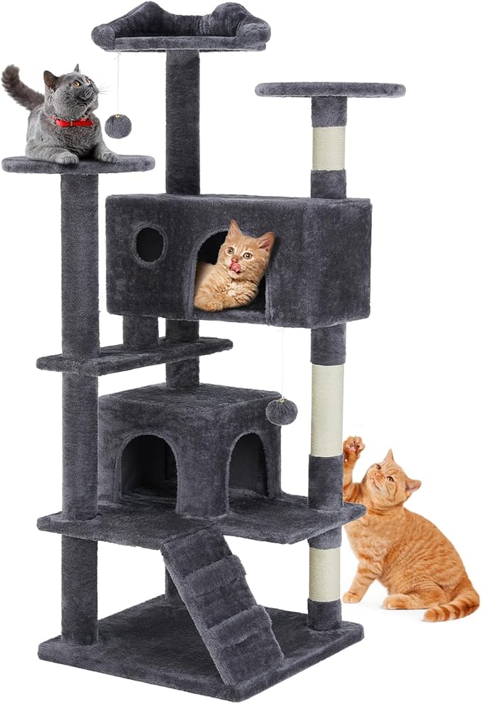 DUMOS 54-inch Indoor Cat Tree Tower –Multi-Level Pet House for Large Cats with 2 Condos, Scratching Posts, Round Platform, Small Ladder, and Toys – Perfect for Cats of All Ages, Dark Grey