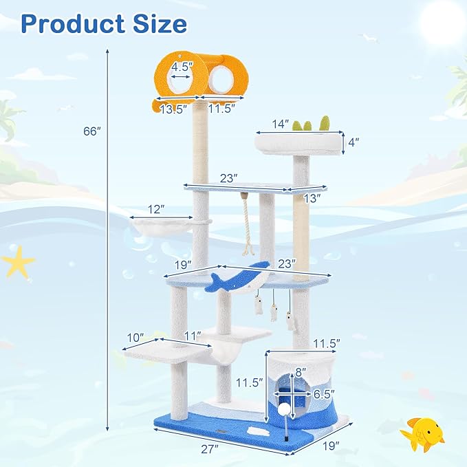 Tangkula Ocean-Themed Cat Tree, 3-Level Cat Tower with Sisal Scratching Posts, Condo, Perch, Hammock, Dangling Toys, Spring Ball, Sisal Rope, Cute Cat Activity Center for Indoor Cats (66 Inch)