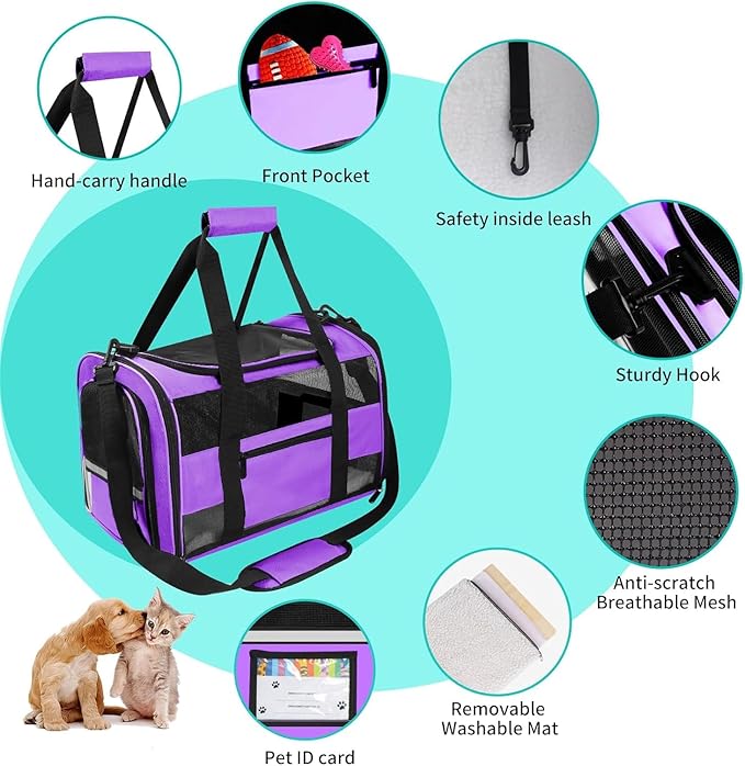 Large Airline Approved Cat Carrier Dog Carriers for Dogs Under 25 Lbs, Collapsible Soft Sided Travel Carriers for Puppy Kitten, Purple