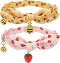 2 Pack Cotton Cat Collar, Removable Bowtie, Floral Pattern, Safety Breakaway Clasp, Adjustable for Cats.(Adult Cat, Bee+Strawberry)