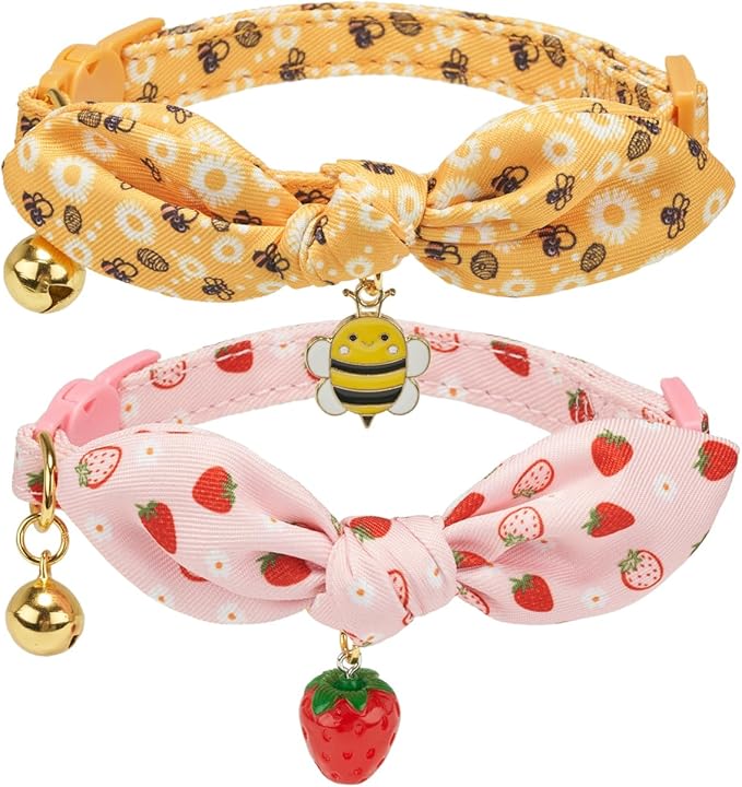 2 Pack Cotton Cat Collar, Removable Bowtie, Floral Pattern, Safety Breakaway Clasp, Adjustable for Cats.(Adult Cat, Bee+Strawberry)