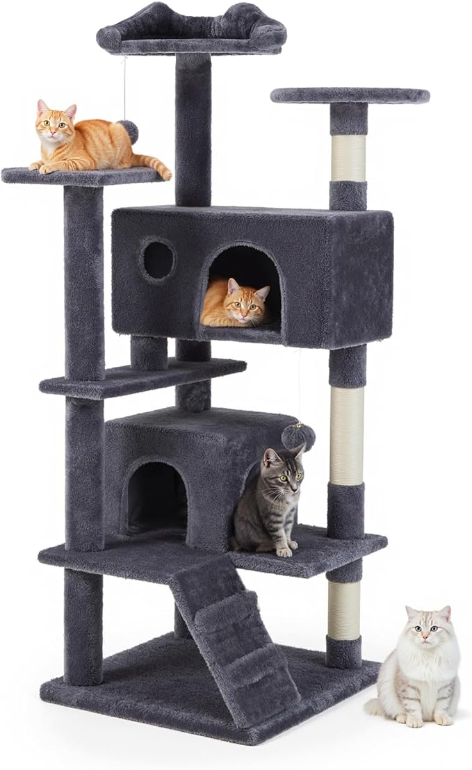 Cat Tree 54 Inch, Multi-Level Cat Tower with Condo, Perches, Sisal Scratching Posts and Climbing Ladder, Pet Play Toy Balls House for Indoor Cats