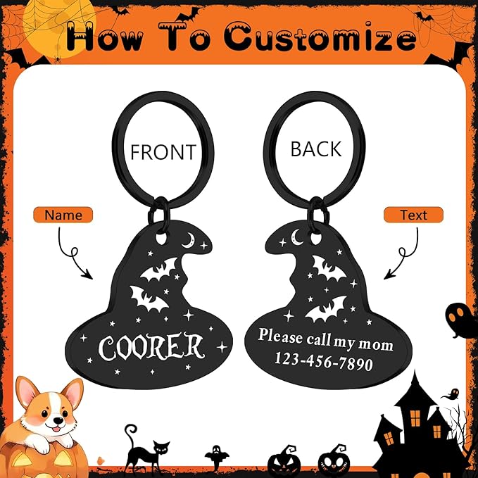 Personalized Pet Tags for Dog Cat, Custom Halloween ID Tags for Dogs, Dog Name Tags Engraved for Pets, Boo Basket Stuffers, Halloween Gifts for Dogs Lovers (Witch Hat)
