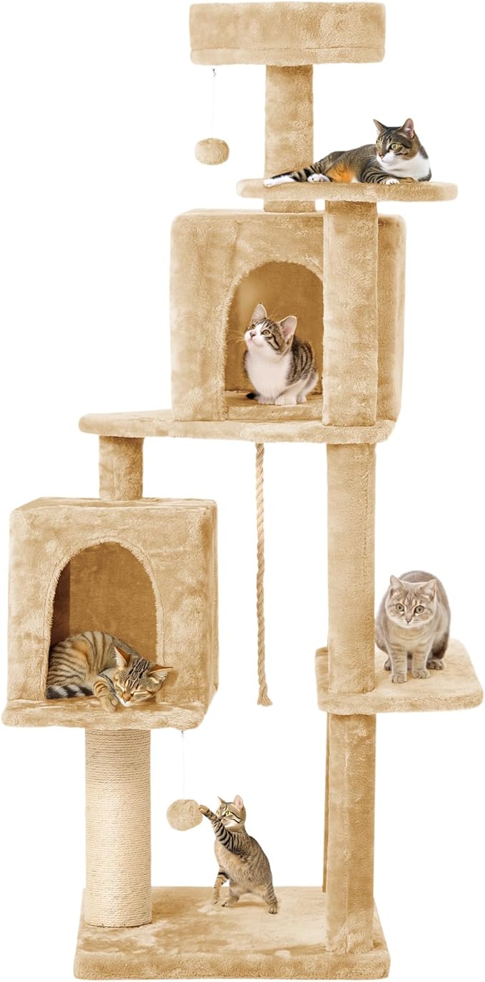 56-Inch Cat Tree for Large Cats, Multi-Level Cat Tower with 2 Condos, Sisal Scratching Posts & Hanging Toys – Sturdy Cat Furniture for Indoor Cats, Space-Saving Design (Easy Assembly), Beige