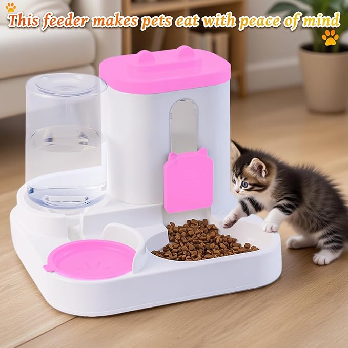Gravity Cat Feeder and Water Dispenser, 2 in 1 Automatic Cat Feeder, 2 Pack Large Capacity Self Feeding for Small Medium Dog Puppy Kitten （Pink）