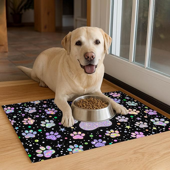 Pet Feedings Mats 20x12 inch Glitter Paw Print Pet Bowl Placemat Non Slip Mat for Cats and Dog Food and Water Indoor Feeding Station Cute Pet Meal Mat for Small Pets Kitchen Floor Use