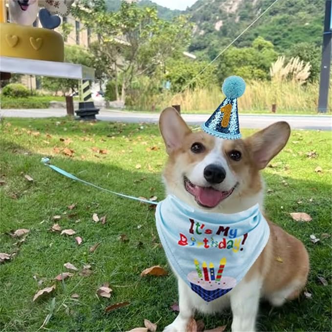 Pet Birthday Party Set,Dogs Bandana and Dog Birthday Hat with Star Pattern Design, Adjustable Sequin Bow tie Accessories, Blue Birthday Boy Scarf (Dark Blue)