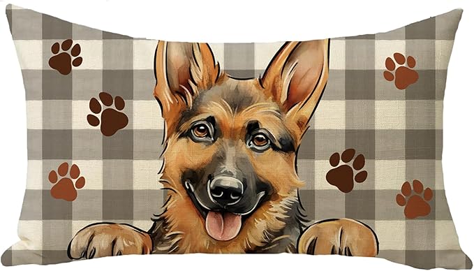 German Shepherd Dog Lumbar Decorative Throw Pillow Cover 12x20, Rectangular Paw Prints Outdoor Home Decor Pet Owner Lover Gift, Farmhouse Buffalo Plaid Sofa Couch Cushion Case Housewarming Gifts