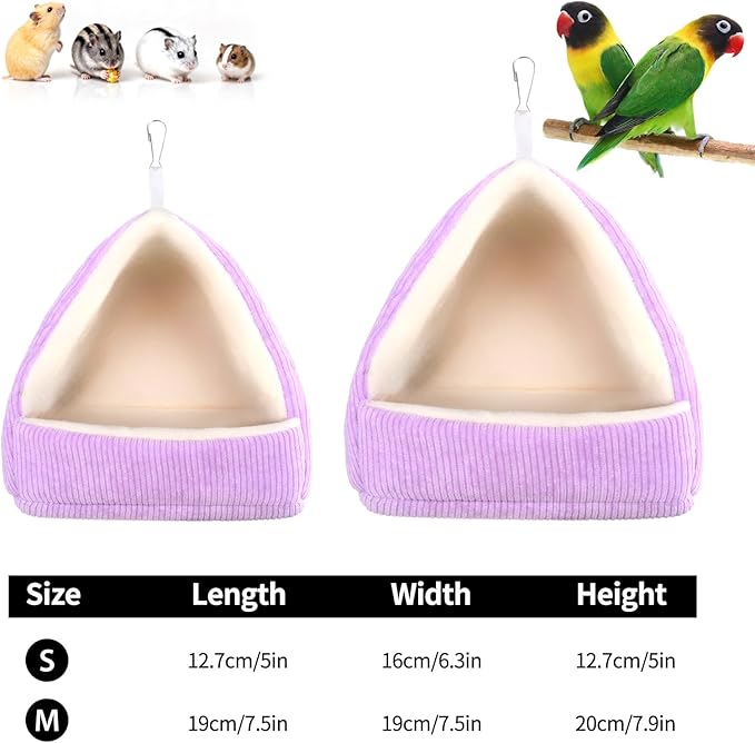 Winter Warm Bird Bed for Cage with Soft Plush Hanging Hammock & Hut Tent, Hideaway Sleeping Nest for Budgies, Cockatiels, Small Animals, and Guinea Pig Hideouts (Purple, S)