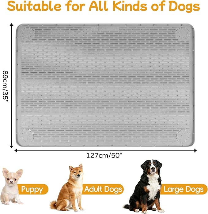 Lanstics Dog Food Mat, 50" x 35" Large Silicone Mat Dog Feeding Mat with Raised Edge Non-Slip Pet Feeding Mat for Food and Water Bowl, Easy to Clean, Floor Protection (Gray)