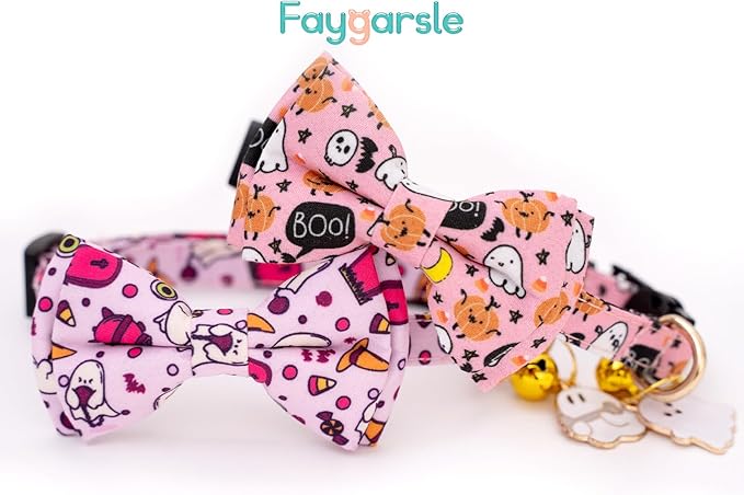 Faygarsle 2 Pack Breakaway Cat Collar Collection - Ghosts Pattern Cat Collar with Bell - Seasonal Holiday Bowtie - Fall - Pink, Purple