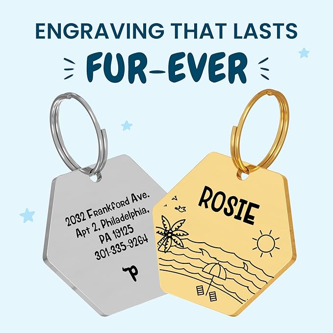 PawFurEver Custom Engraved Pet ID Tag – Personalized Dog Name Tag for Dogs and Cats, Stainless Steel Collar Accessory with Cute Designs for pet Name Tags (Hexagon, Gold)