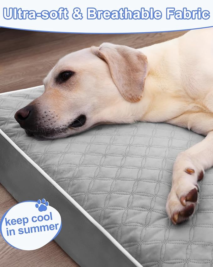 KSIIA Orthopedic Dog Bed for Crate Large Dog Bed with Removable Machine Washable Cover Waterproof Crate Pad with Egg Foam and Non-Slip Bottom, 35x22 Inch, Light Gray