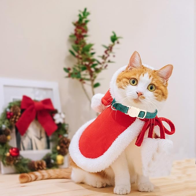 Christmas Cat Collar-2 Pack Cat Collar Red and Green Linnet with Kitten and Bell Pendant Safety Buckle Adjustable Pet Collar Suitable for Cats Gift to Cats and Small Pets