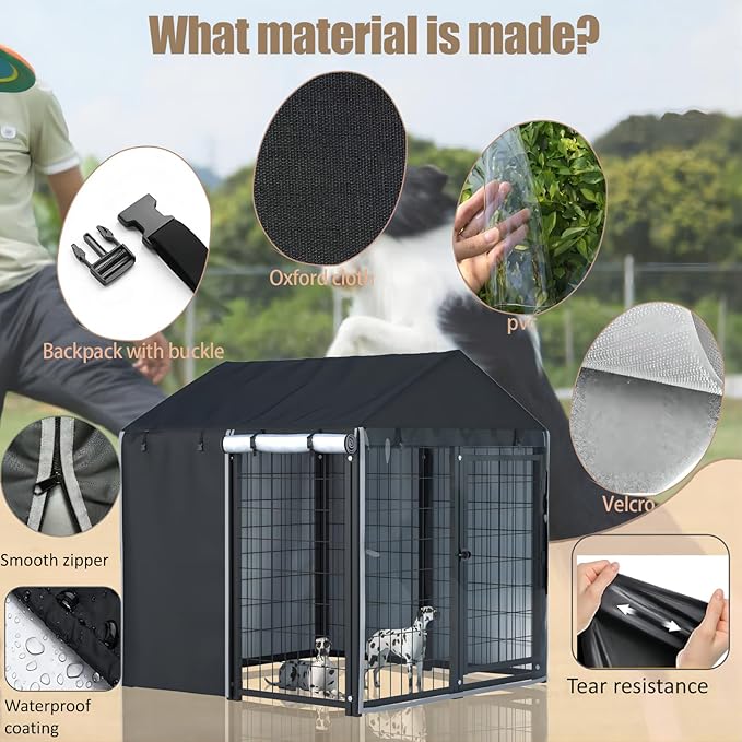 Outdoor Dog Kennel Cover,Full Coverage for 4.2'Dx4.2'Wx4.5'H Dog Cages,600d Heavy Duty Waterproof Large Dog Kennel Cover,(Cover Only) Black