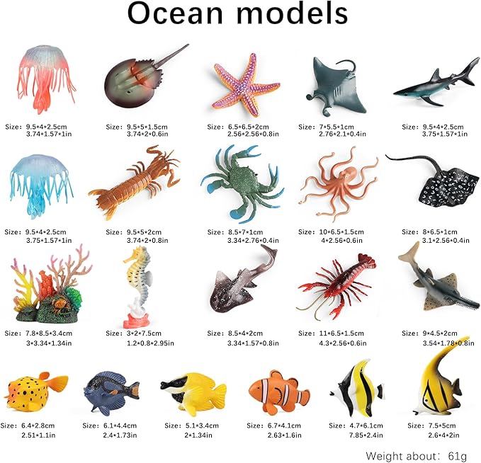Sea Animals Toys Figures 21Pcs, Plastic Marine Creature Shark Fish Starfish Crab Lobster Octopus Seahorse Coral Jellyfish Ocean Life for Kids Birthday Party Favor Cake Decoration