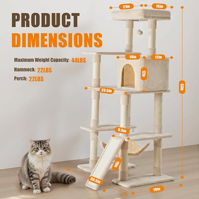Sweetcrispy 63 inch Cat Tree Tower, Large Multi Level Cat Climbing Tower with Condo, Natural Sisal Scratching Posts, Extended Platform, Hammock, Pet House for Indoor Cats and Kittens Play, Beige