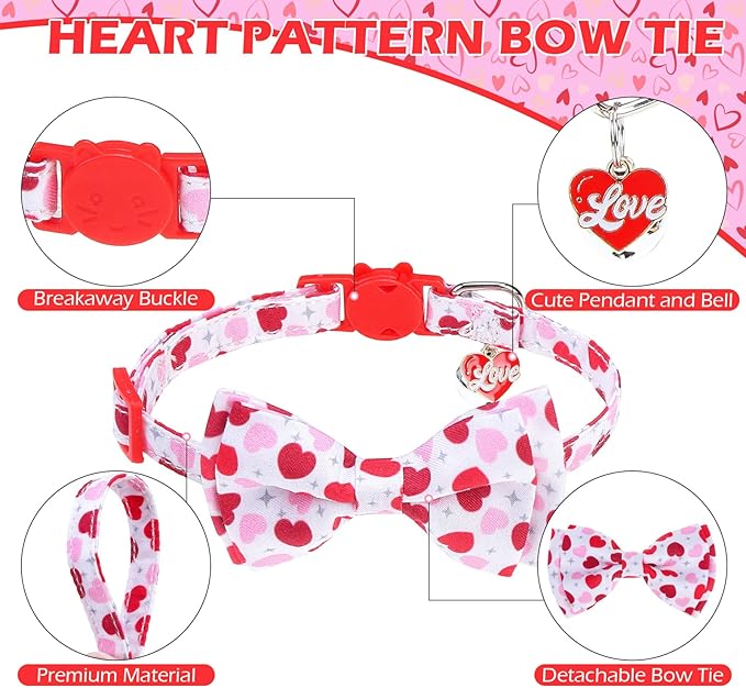 EXPAWLORER Valentines Cat Collar Breakaway with Bells - 2 Pack Holiday Cat Collars with Removable Bow Tie and Bandana, Adjustable Valentines Day Pet Collar for Cats Kittens, Pink Heart
