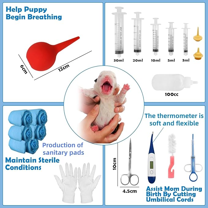 Whelping Kit for Puppies Birth - Reusable Birthing with 77Piece,Birthing Essentials with Emergency Whelping Supplies,Kitten Bottle Feeding kit for New Born Puppy Supplies and Kitten