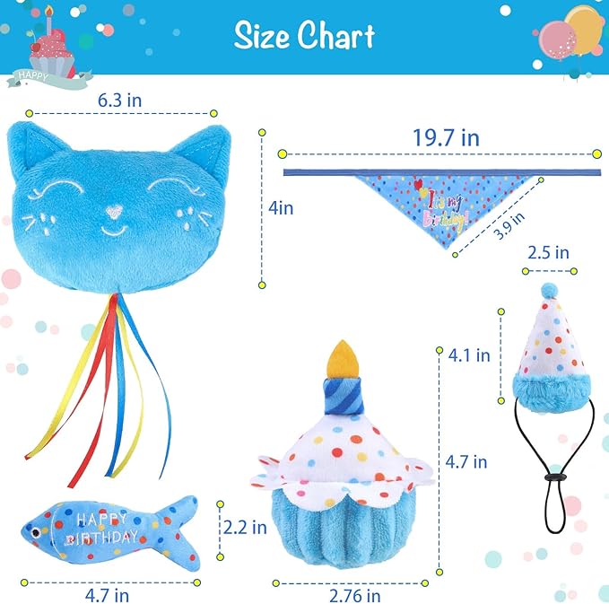 BINGPET Cat Birthday Catnip Toys for Indoor Cats, 5 Pcs Cat Birthday Gift Kitten Interactive Toys for Boy Girl Cats, Soft Plush Catmint Kitty Chew Kick Toy, Hat, Bandana, Balloon, Cake, Fish, Sky Blue