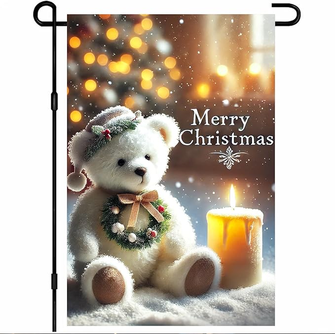 Christmas Garden Flag 12x18 Inch Merry Christmas Bear Flag Double Sided Holiday Banner Outdoor Winter Yard Decoration for Porch Lawn Home