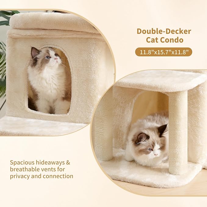 Heybly Cat Tree, 25.6-inch Cat Tower with Spacious Top Perch for Large Cats, Stair-Style Cat House Furniture with Dual-Layer Condos, Sisal Scratching Posts, Cozy Basket & Pompom, Beige HCT204SM