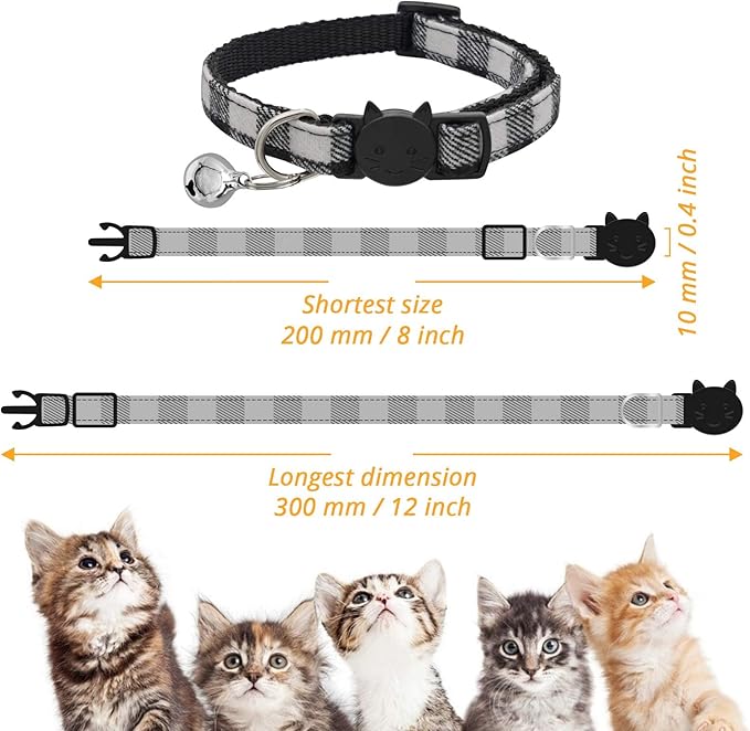 MJIYA Cat Collar with Bell, Breakaway Grid Collar with Plastic Buckle, Light Adjustable, Nylon, Kitty Collars