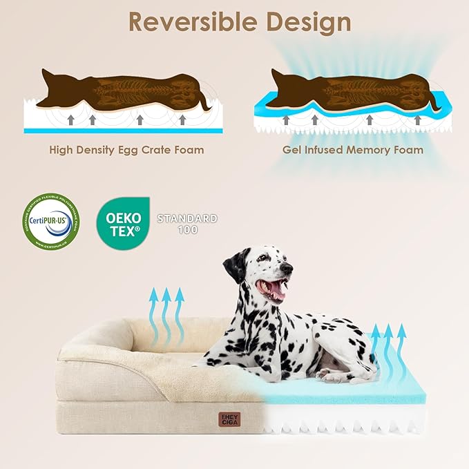EHEYCIGA Orthopedic Dog Bed for Medium Dog, 35x22x6.5 Inch Memory Foam Dog Couch Bed with Sides, Waterproof Liner & Washable Removable Cover, Bolster Pet Sofa, Beige