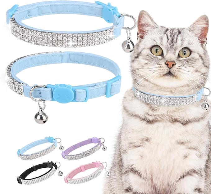 EXPAWLORER Soft Velvet Safe Cat Collars for Girl Cats - Rhinestones Bling Diamante Adjustable Collars Breakaway- Chirstmas Cat Clollar Gifts with Bells for Boy Cats Kitty and Small Dogs