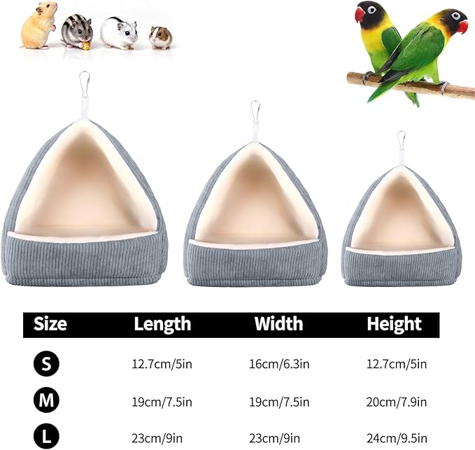 Large Winter Warm Bird House and Bird Bed for Cage with Soft Plush Hanging Hammock & Hut Tent, Hideaway Sleeping Nest for Macaws African Grey Amazon Parrots (Grey, L)