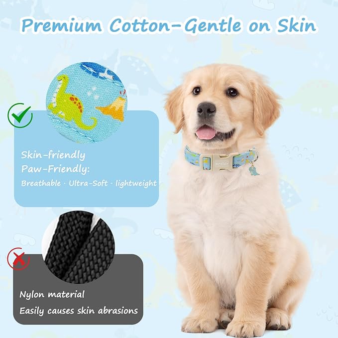 Dinosaur Dog Collar for Extra Small Dogs, Cute Puppy Collars with Quick Release Buckle, Cotton Dog Collars for Small Medium Large Dogs, Fashion Pet Collar for Girl Boy Dog-XS