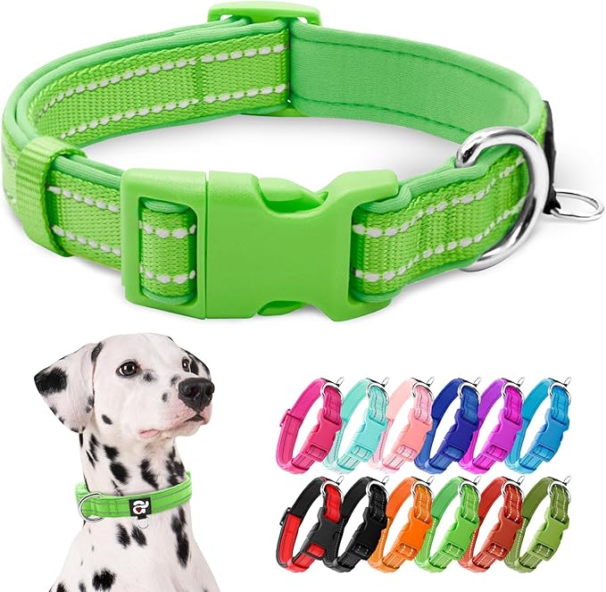 azuza Reflective Dog Collar, Soft Neoprene Padded Pet Collar with ID Tag Ring, Adjustable for Large Dogs,Green,L
