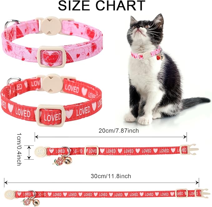 Cat Collar, 2 Pack Cat Collars Cute Breakaway Kitty Collar with Bell, Valentine's Day Kitten Collars Pink Hearts with Safety Buckle for Girl and Boy Cats