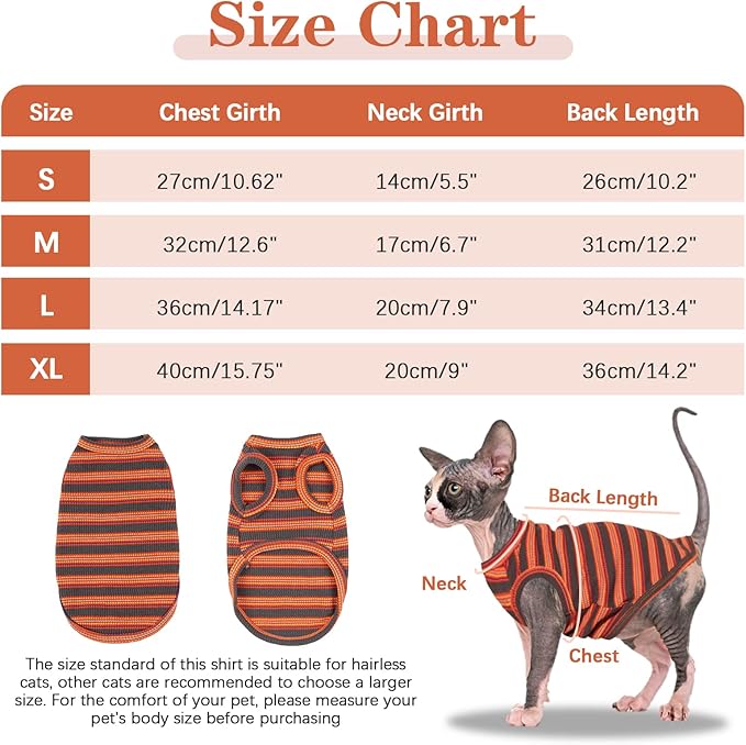 BRKURLEG Sphynx Hairless Cats Shirt Puppy Clothes Soft Cotton T-Shirts Cute Cats Pajamas Cat Stripes Vest Pet Sweater, Round Collar Vest Kitten Shirts(Red Stripes, M)