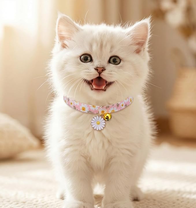 2 Pack Cat Collar Breakaway, Daisy Collar for Girl Cats, Adjustable Breakaway Cat Collars with Bell, Cute Floral Design Perfect for Female Kitten, 7.5-11 Inch, Pink & Green