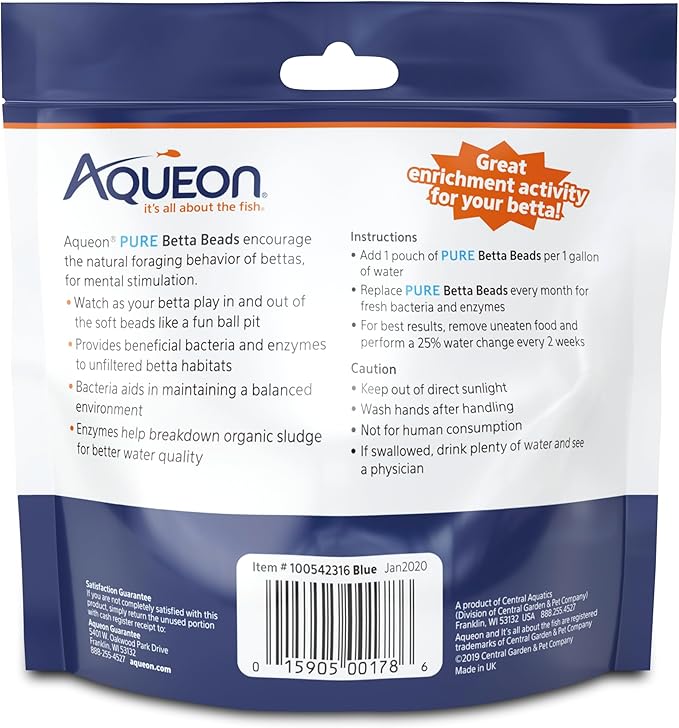 Aqueon PURE Betta Beads, Water Care for Unfiltered Aquariums, Maintains Clear Water and Helps Breakdown Organic Sludge, Blue