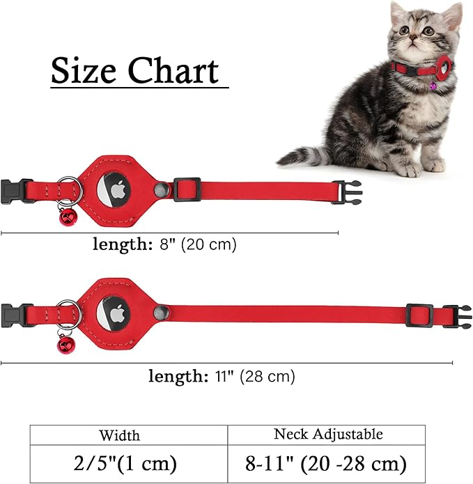 Breakaway Airtag Cat Collar with Removable Bell - Leather Soft Pet Collar with Apple Air Tag Holder - Adjustable GPS Collars for Girl Boy Cats Kitten Puppy - Lightweight, Cute and Comfortable (Red)