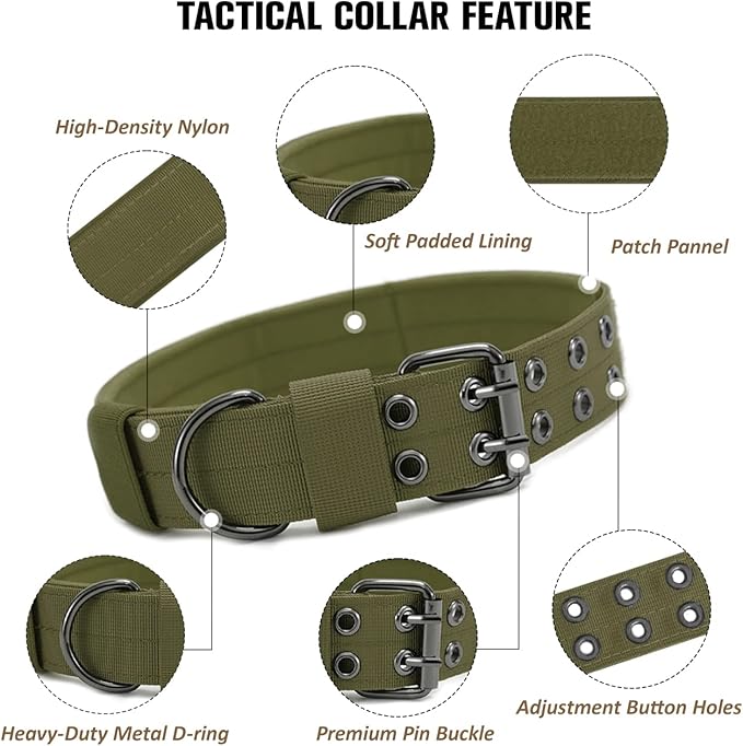 Tactical Dog Collar Military Adjustable Dog Collars Soft Nylon Training Collar with Patch Heavy Duty Metal Buckle Collars for Medium Large Dogs (Green, XL)