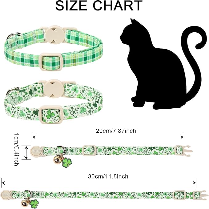 2 Pack St. Patrick's Day Cat Collars, DOGWONG Spring Green Shamrock Cat Collars with Safety Buckle for Cats