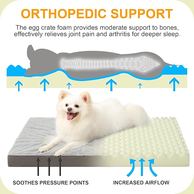 KSIIA Orthopedic Dog Bed, Deluxe Plush Waterproof, 29 x 18 Inch, Gray, 3-Inch Thick High-Density Egg Crate Foam, Removable Cover, Machine Washable