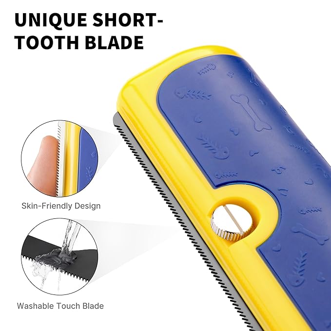 Dog Deshedding Brush & Shedding Blade, Everyday Undercoat Grooming Tool for Short & Medium Fur and Double Coats, Replaceable Metal Blade, Ergonomic Handle, Blue & Yellow