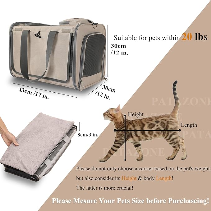 Small Dogs Carriers Airline Approved Khaki Softside Cats Carrier Travel Bag for Medium Large Cats,Puppies,with Large Pocket,Sunshade Curtains,Privacy Protection,Breathable,Outdoor