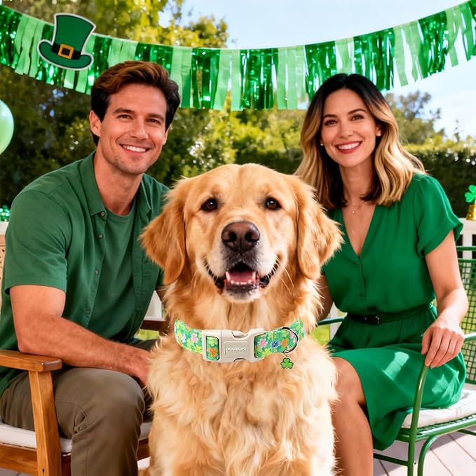 DOGWONG St. Patrick Dog Collar, Comfortable Adjustable Green Clover Pattern Dog Collar for Large Male Female Dogs,L