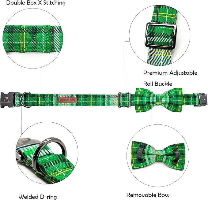 Lionheart glory Dog Bow Collar St. Patrick's Day Dog Collar for Large Dogs, Adjustable Green Plaid Collars Spring Dog Collar with Bowtie Pet Collar Bows Cute Collars