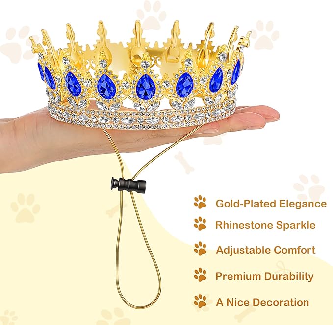 Abbylike Pet Rhinestone King Crown, Queen Crown for Birthday New Year Costume for Small Dog Cat Cosplay Party Accessories Adoption Celebration Wedding Birthday Photos Prop Costume(Blue,Large)